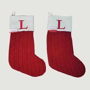 St Nicholas Square Christmas Stocking Set of 2 Letter L Red Cable Knit Cuff NEW